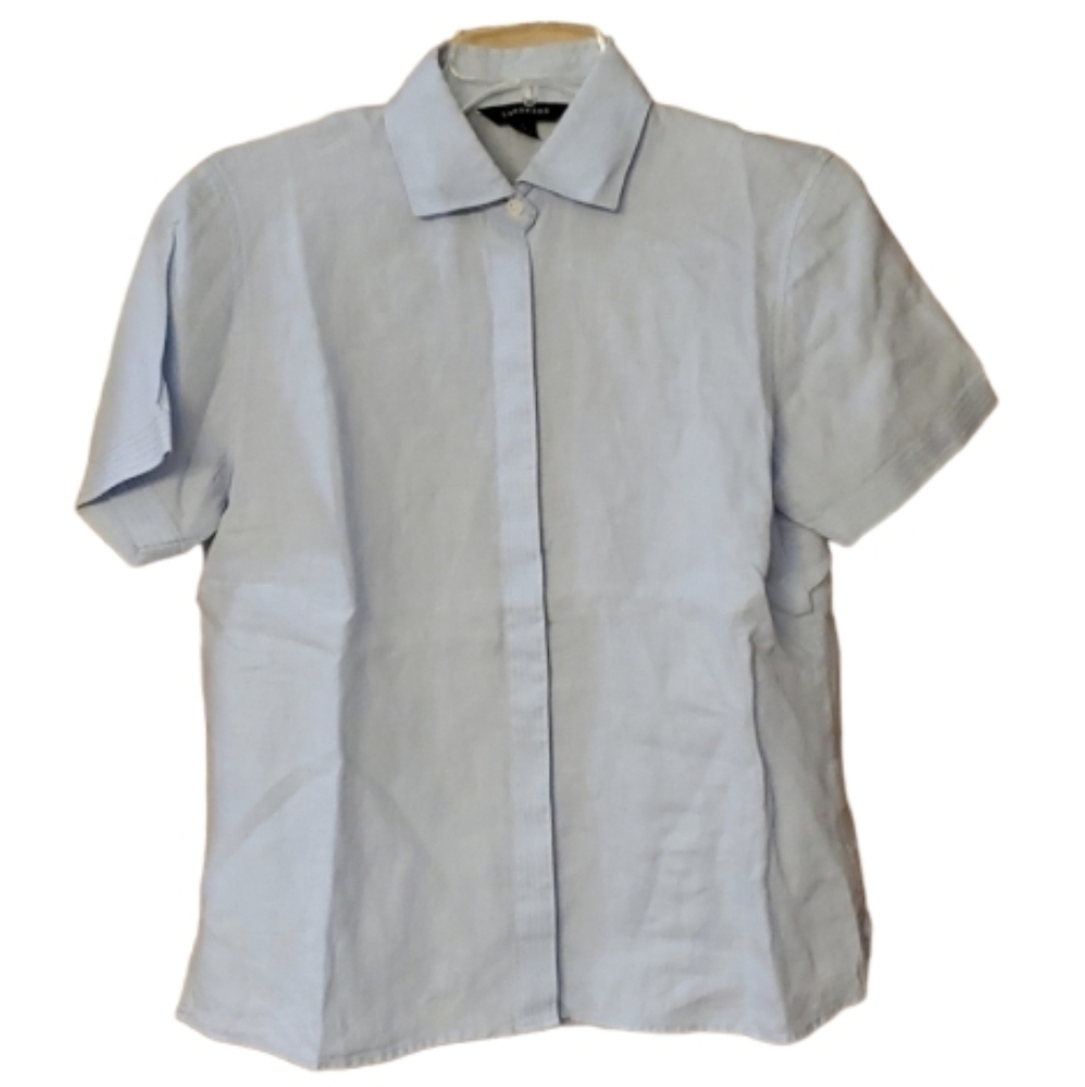 Lands End Womans Linen Short Sleeve Buttondown in Palest Blue Size Small (6-8)